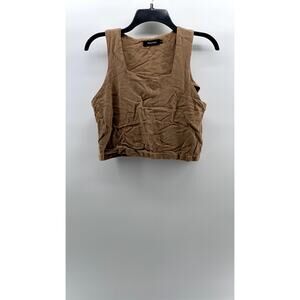 AUTOMET Women's Tan Linen-Blend Textured Straight-Neck Cropped Tank Top SZ S